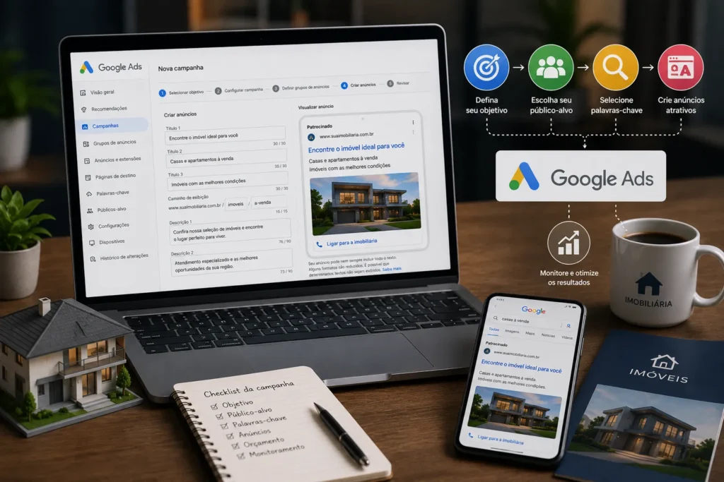 Tráfego pago para imobiliárias com campanha no Google Ads para anunciar imóveis, definir palavras-chave e alcançar potenciais compradores.
