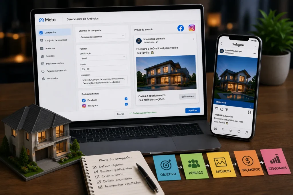 Tráfego pago para imobiliárias com anúncios de imóveis no Facebook e Instagram para alcançar potenciais clientes e gerar leads.