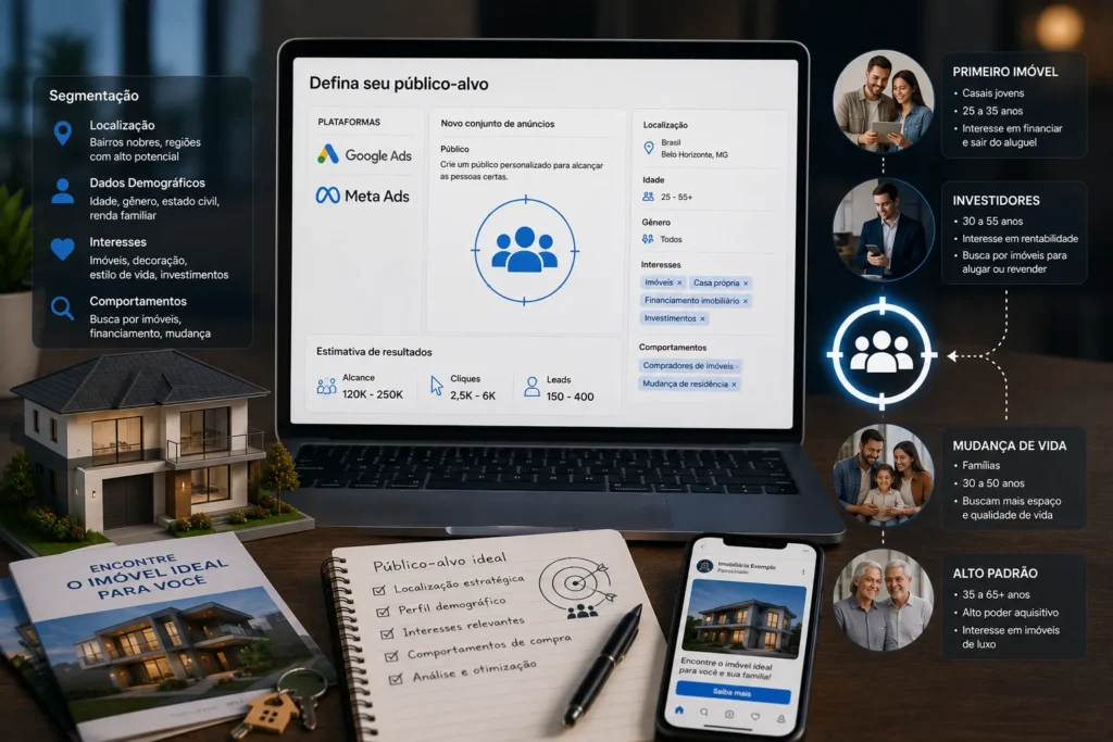 Tráfego pago para imobiliárias com definição de público-alvo por localização, dados demográficos, interesses e comportamento de potenciais compradores.