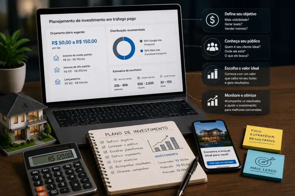 Tráfego pago para imobiliárias com planejamento de orçamento, distribuição do investimento em anúncios e análise de resultados para gerar leads.