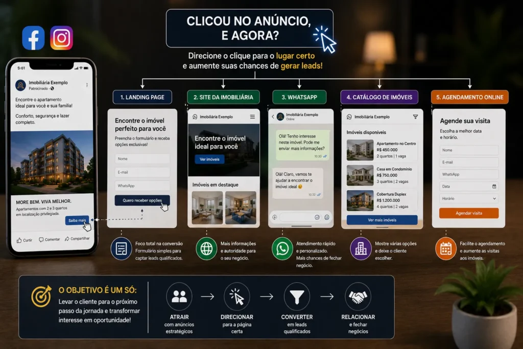 Tráfego pago para imobiliárias mostrando diferentes destinos após o clique no anúncio, como landing page, site, WhatsApp e catálogo de imóveis.