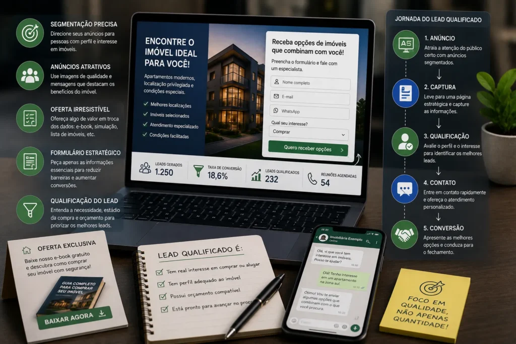Tráfego pago para imobiliárias com estratégias de segmentação, anúncios atrativos, formulários e qualificação para gerar leads interessados em imóveis.