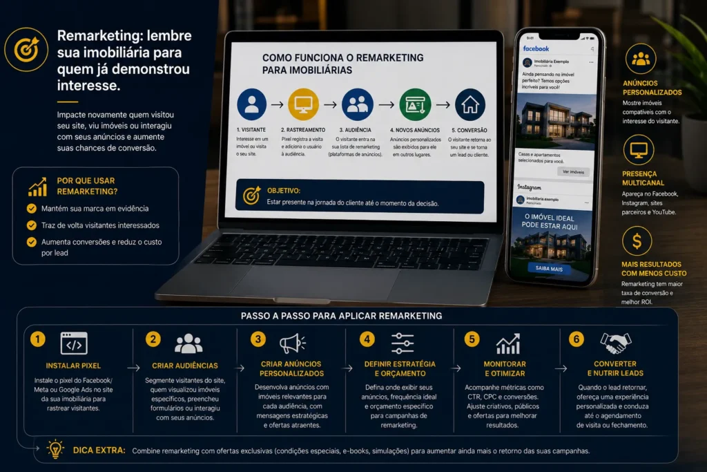 Tráfego pago para imobiliárias com estratégia de remarketing para impactar novamente pessoas interessadas em imóveis e aumentar as conversões.
