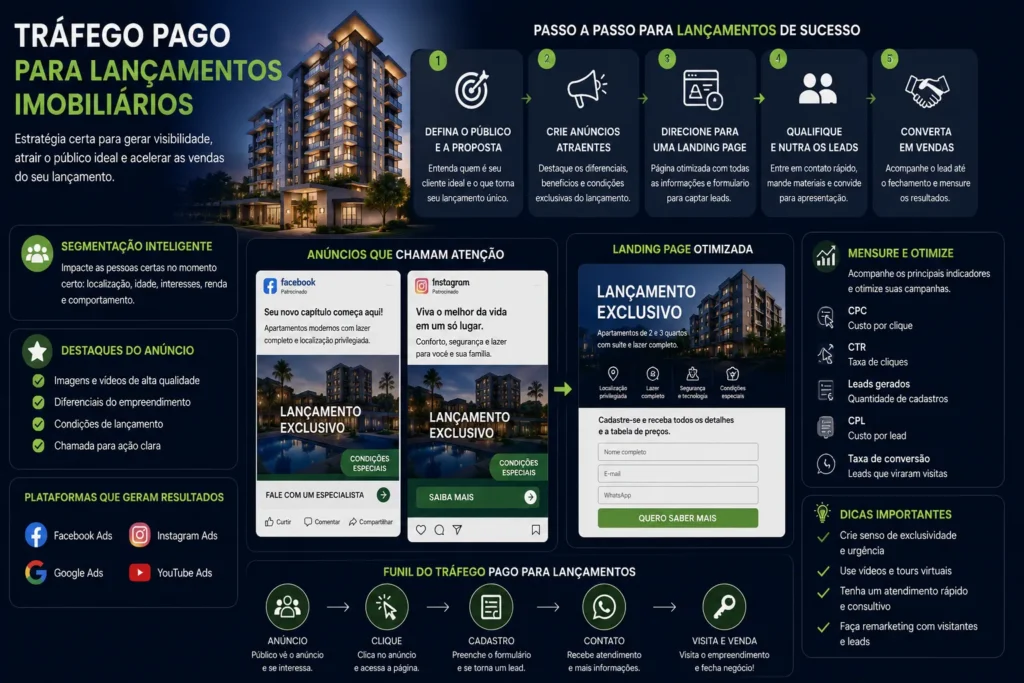Tráfego pago para imobiliárias com estratégias de anúncios para lançamentos imobiliários, geração de leads qualificados e aumento das oportunidades de venda.