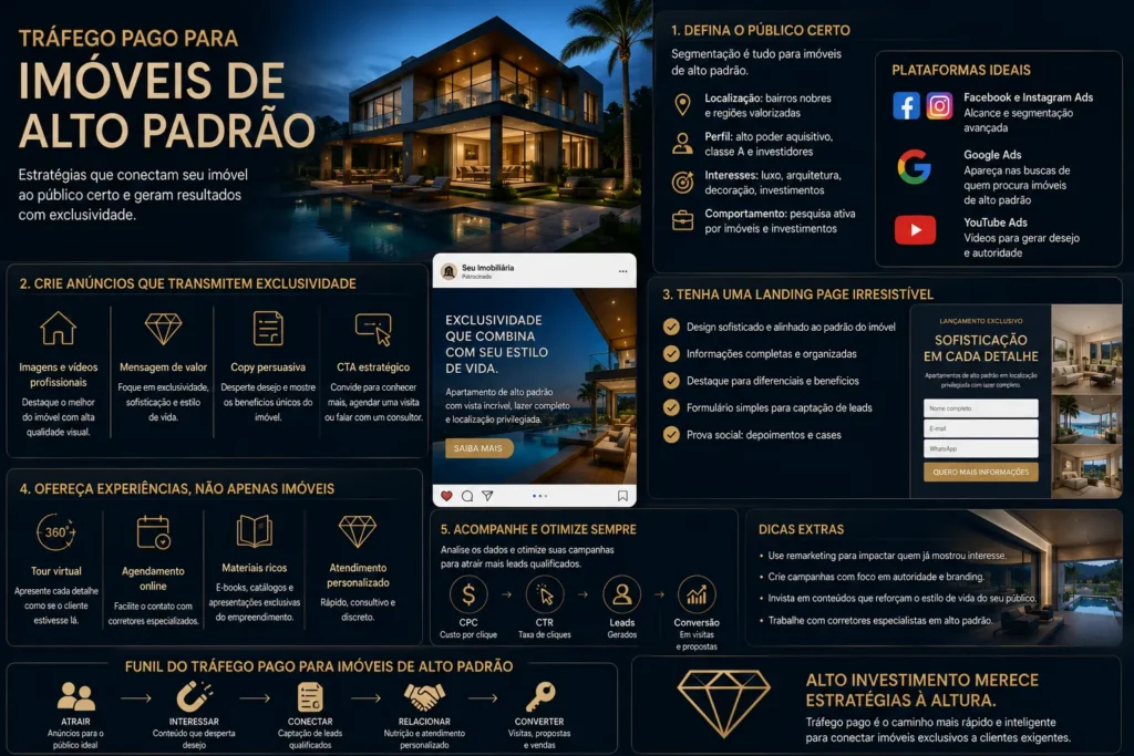 Tráfego pago para imobiliárias com estratégias para divulgar imóveis de alto padrão, alcançar público qualificado e gerar leads interessados em propriedades de luxo.