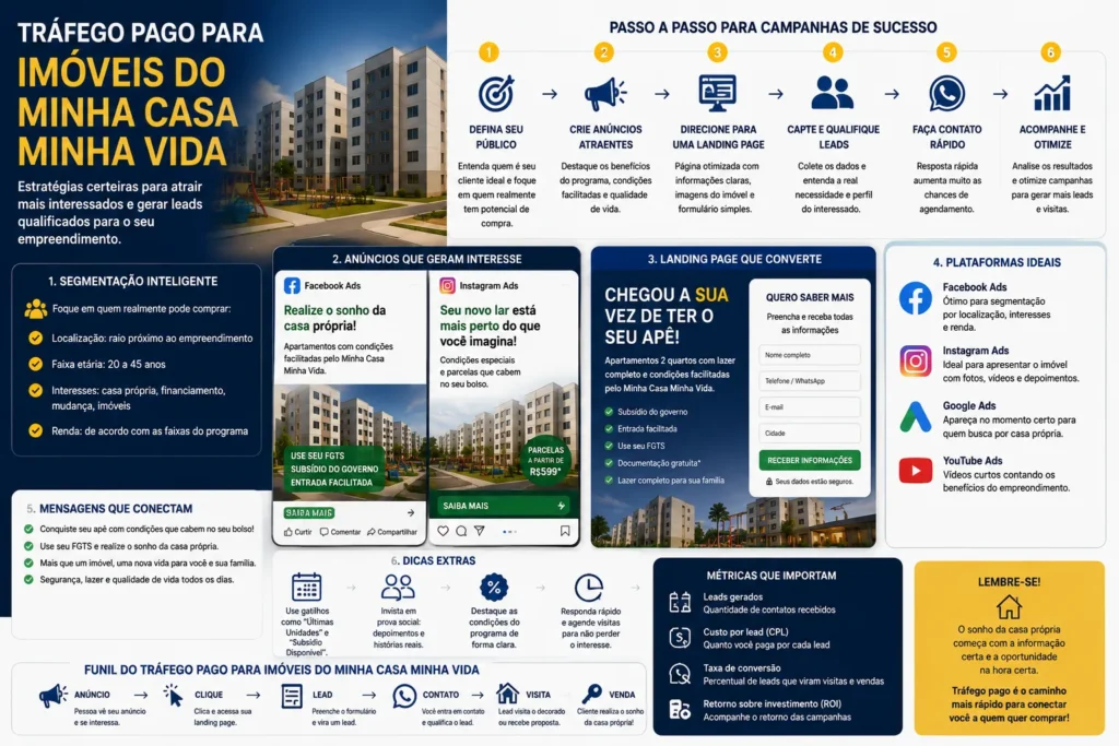 Tráfego pago para imobiliárias com estratégias para divulgar imóveis do Minha Casa Minha Vida, alcançar o público certo e gerar leads qualificados.