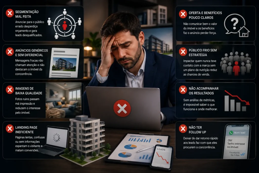 Tráfego pago para imobiliárias com exemplos de erros como segmentação inadequada, anúncios genéricos, imagens ruins, falta de acompanhamento e ausência de follow-up.