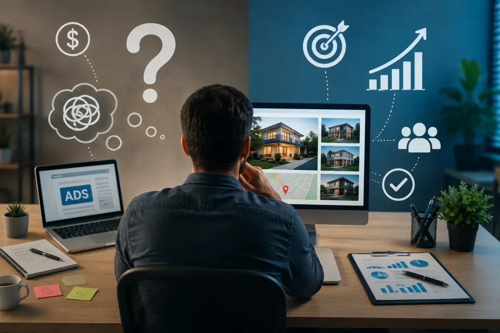 Tráfego pago para imobiliárias com gestor analisando anúncios e estratégias para atrair clientes