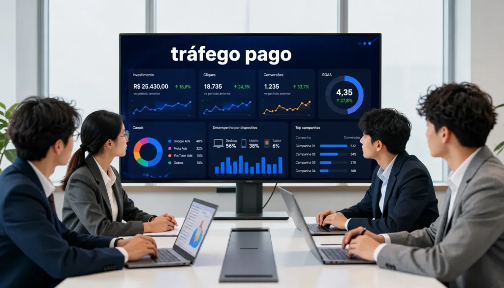 O que é tráfego pago ilustrado em um painel com métricas, gráficos de desempenho, conversões e campanhas de Google Ads e Meta Ads.