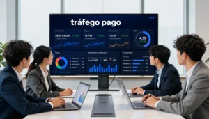 O que &eacute; tr&aacute;fego pago ilustrado em um painel com m&eacute;tricas, gr&aacute;ficos de desempenho, convers&otilde;es e campanhas de Google Ads e Meta Ads.