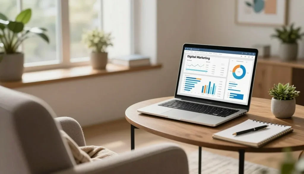 Notebook exibindo m&eacute;tricas de marketing digital utilizadas em estrat&eacute;gias de tr&aacute;fego pago para terapeutas.