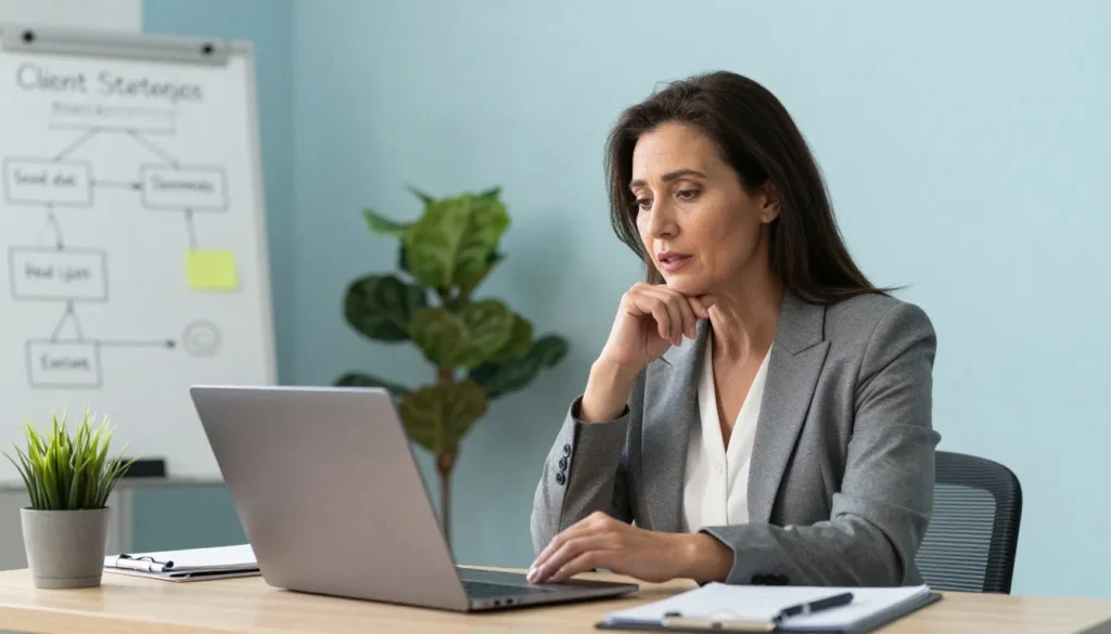 Terapeuta analisando estratégias de tráfego pago para terapeutas em um computador para conquistar novos pacientes.