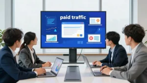 O que &eacute; tr&aacute;fego pago apresentado em uma reuni&atilde;o com gr&aacute;ficos e estrat&eacute;gias de marketing digital.