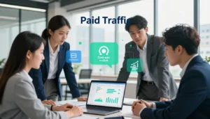 Profissionais discutindo o que &eacute; tr&aacute;fego pago e analisando m&eacute;tricas de campanhas online.