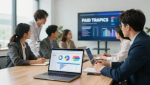 Equipe de marketing estudando o que &eacute; tr&aacute;fego pago por meio de relat&oacute;rios e gr&aacute;ficos de desempenho.