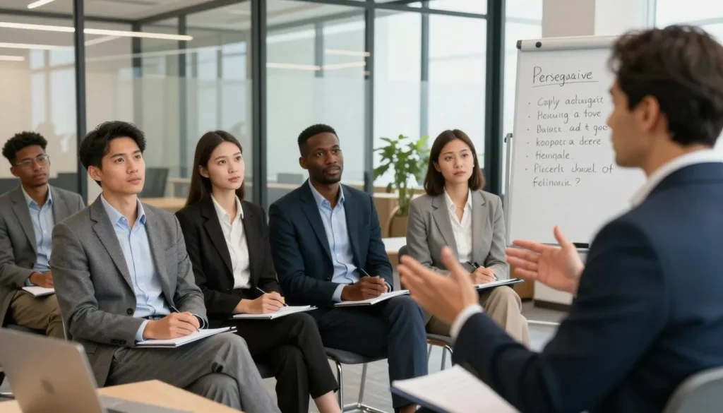 O que &eacute; linguagem persuasiva em treinamento corporativo com equipe aprendendo estrat&eacute;gias de comunica&ccedil;&atilde;o e influ&ecirc;ncia.