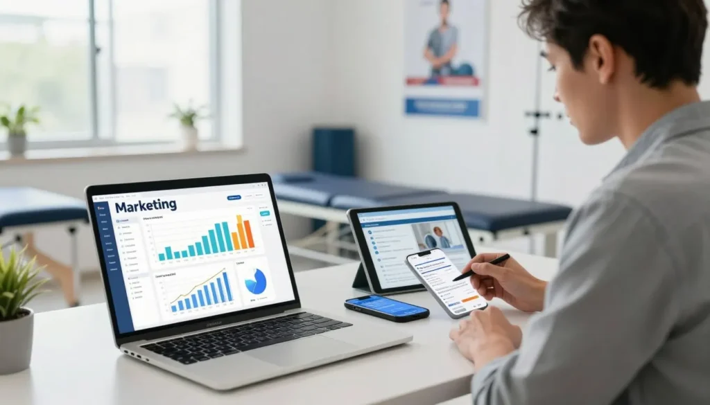 Gestão de campanhas de tráfego pago para fisioterapeuta utilizando notebook, tablet e smartphone.