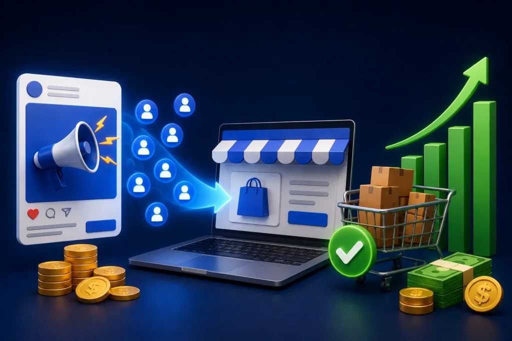 Anúncios digitais direcionando pessoas para uma loja virtual e gerando compras e crescimento nas vendas