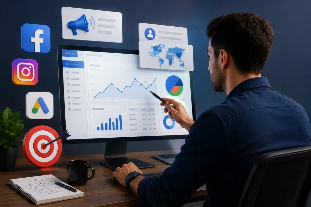 Gestor analisando campanhas, métricas, públicos e resultados em um painel de marketing digital