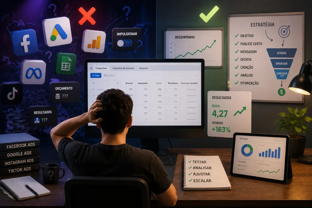 Profissional analisando ferramentas, estratégias e métricas para melhorar campanhas digitais