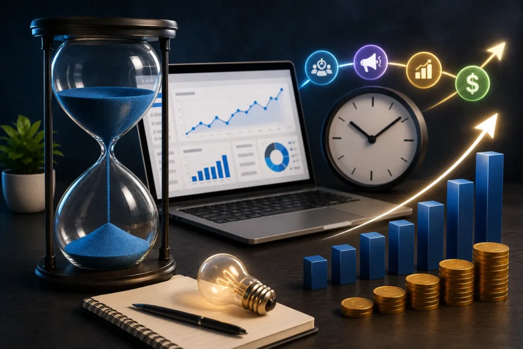Tempo, análise e crescimento representados por indicadores de desempenho e resultados financeiros