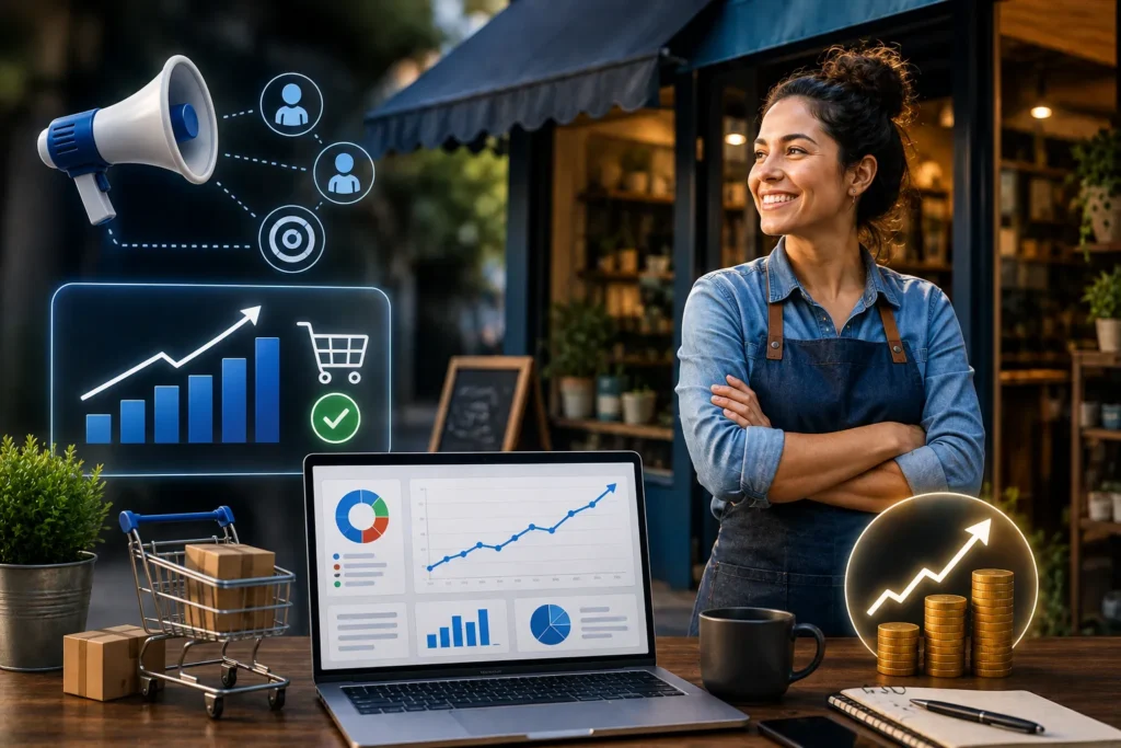 Pequeno negócio utilizando anúncios digitais para alcançar clientes e aumentar as vendas