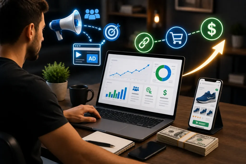 Afiliado utilizando anúncios digitais para divulgar produtos e gerar vendas e comissões