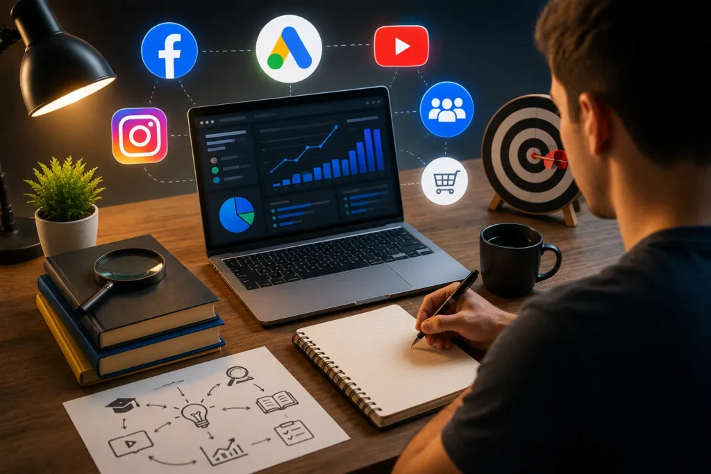 Pessoa estudando estratégias de publicidade digital, analisando métricas e aprendendo sobre campanhas online
