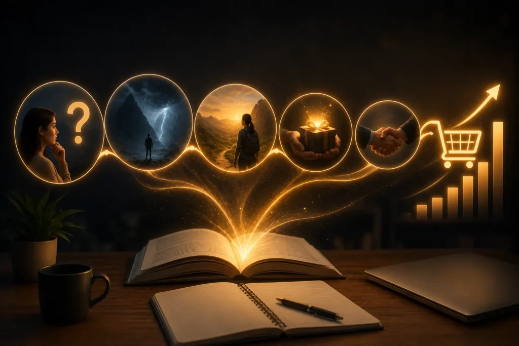 Técnicas de storytelling para vendas representadas por uma jornada visual que conecta histórias, clientes e resultados comerciais.