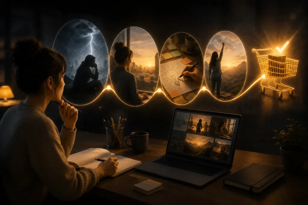 Mulher planejando uma narrativa visual em um ambiente de trabalho, com diferentes momentos da jornada representados por imagens luminosas.