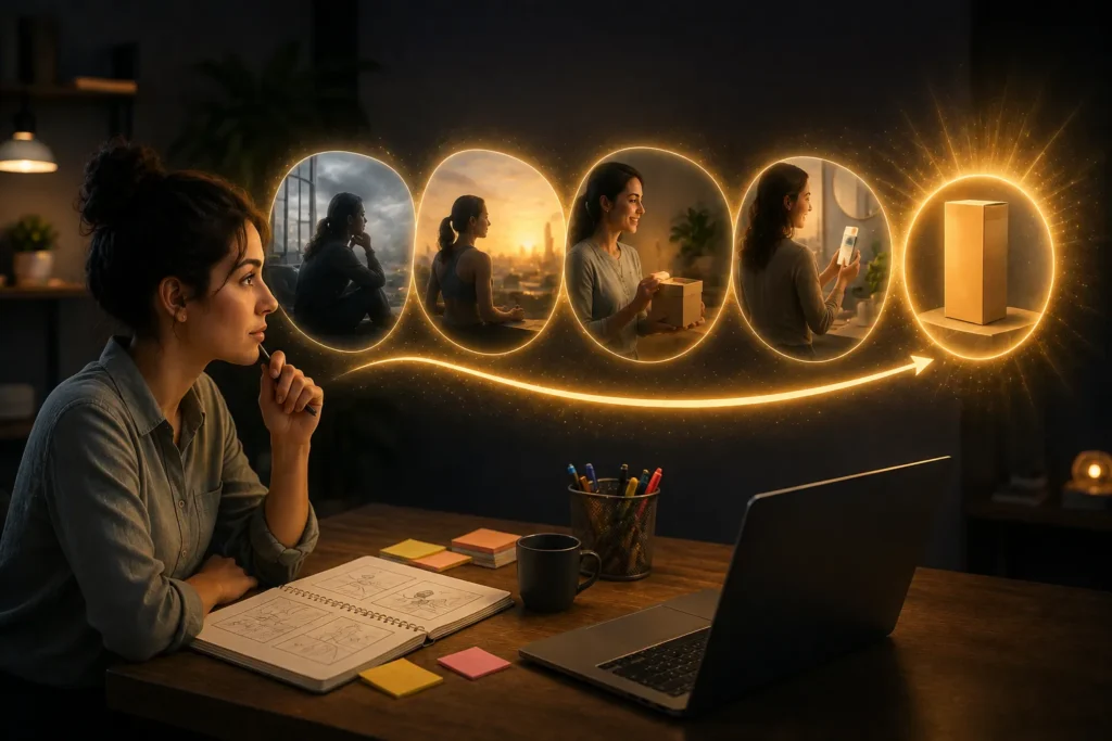 Profissional criando uma narrativa visual para apresentar um produto e despertar o interesse do público.