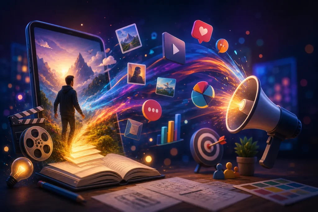 Storytelling aplicado a anúncios digitais, representado por uma história visual que transforma uma ideia em conteúdo para alcançar o público.