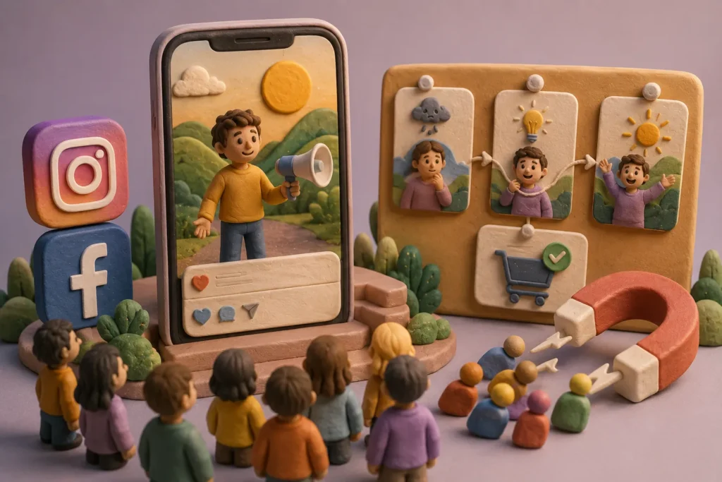 Storytelling para anúncios no Instagram e Facebook representado por uma narrativa visual criada para atrair e envolver o público.