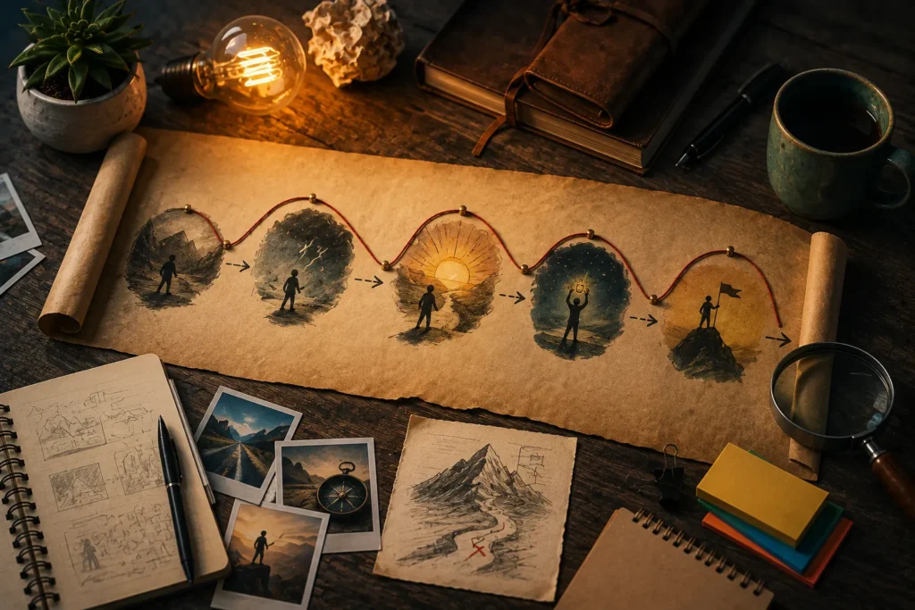 Roteiro de storytelling para vendas representado por uma sequência visual que organiza personagens, desafios, transformação e resultado.