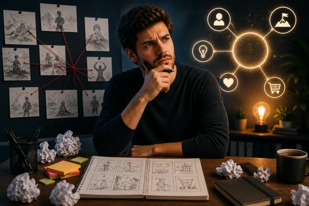 Profissional analisando uma narrativa e identificando possíveis erros antes de utilizá-la em uma estratégia de vendas.