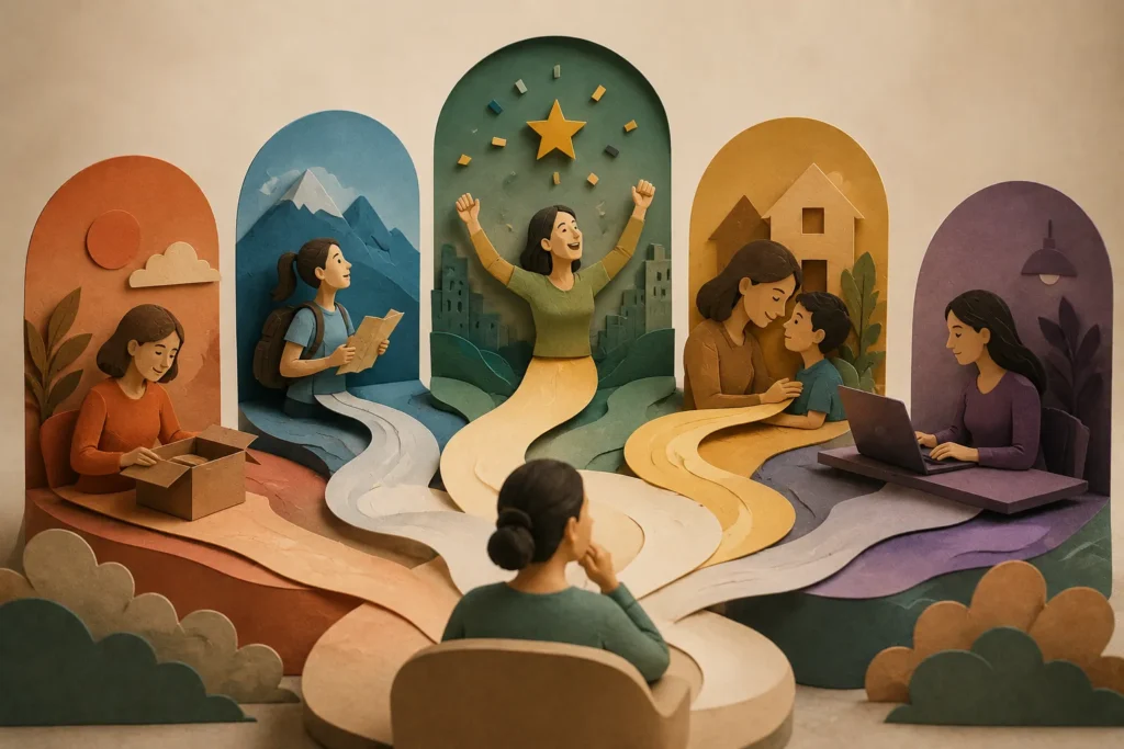 Exemplos de storytelling para vendas representados por diferentes histórias de clientes, experiências e situações do cotidiano.
