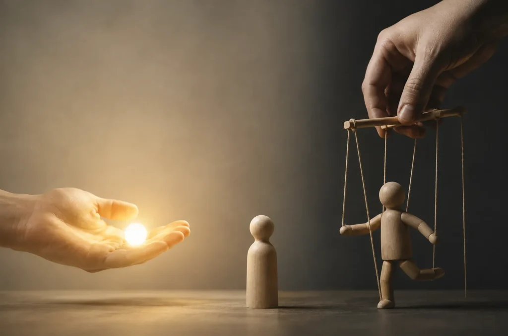 Diferen&ccedil;a entre persuas&atilde;o e manipula&ccedil;&atilde;o representada por uma m&atilde;o oferecendo uma luz e outra controlando uma marionete