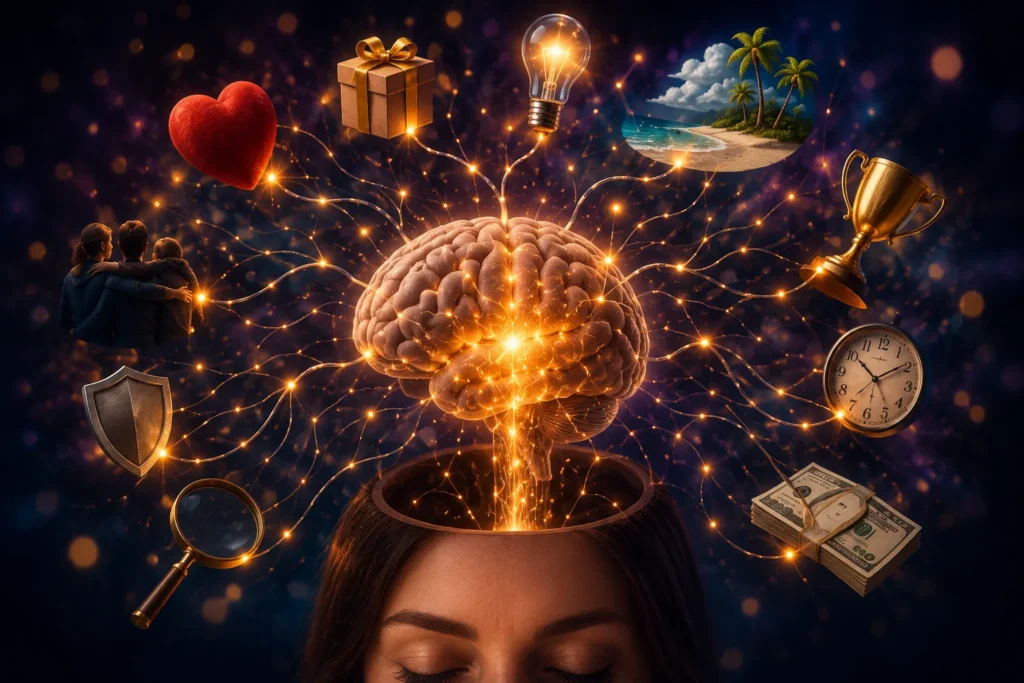 Ilustra&ccedil;&atilde;o de um c&eacute;rebro iluminado conectado a s&iacute;mbolos de emo&ccedil;&otilde;es, ideias, conquistas, seguran&ccedil;a, tempo e desejos