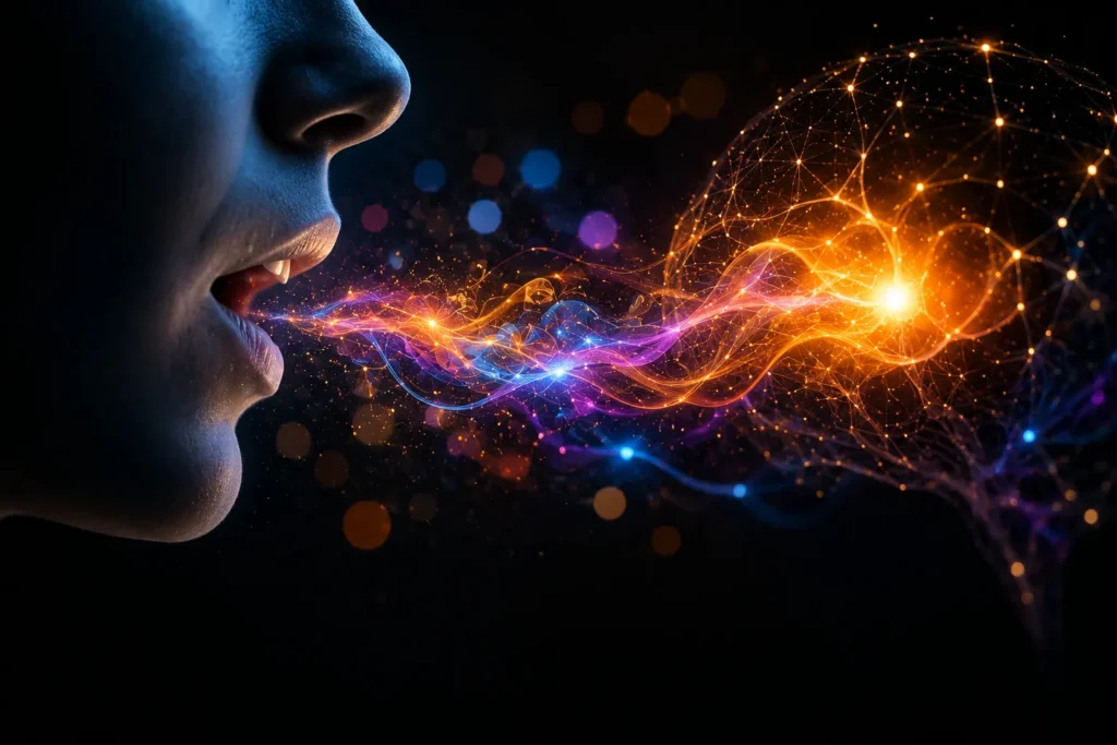Perfil de uma pessoa emitindo ondas luminosas que se conectam a uma rede brilhante, representando o poder das palavras na comunica&ccedil;&atilde;o