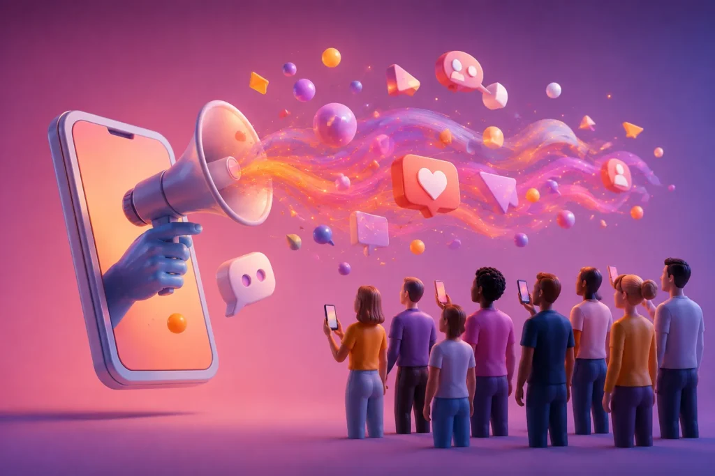 Ilustra&ccedil;&atilde;o de um celular com megafone transmitindo mensagens e s&iacute;mbolos de intera&ccedil;&atilde;o para um grupo de pessoas