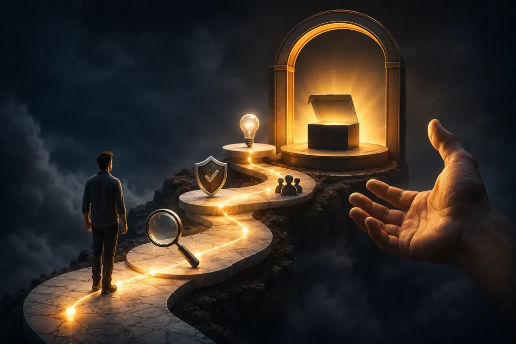 Pessoa caminhando por um caminho iluminado em dire&ccedil;&atilde;o a um portal dourado com uma caixa aberta, acompanhada por s&iacute;mbolos de seguran&ccedil;a, ideias e confian&ccedil;a