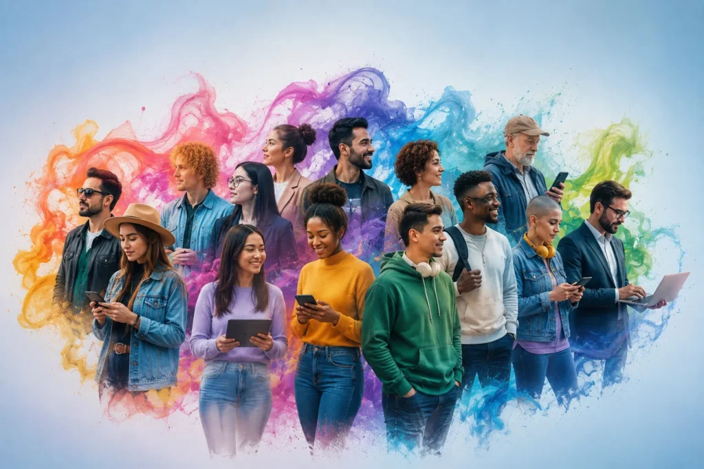 Grupo diversificado de pessoas de diferentes idades e estilos usando celulares, tablets e computadores em um ambiente colorido