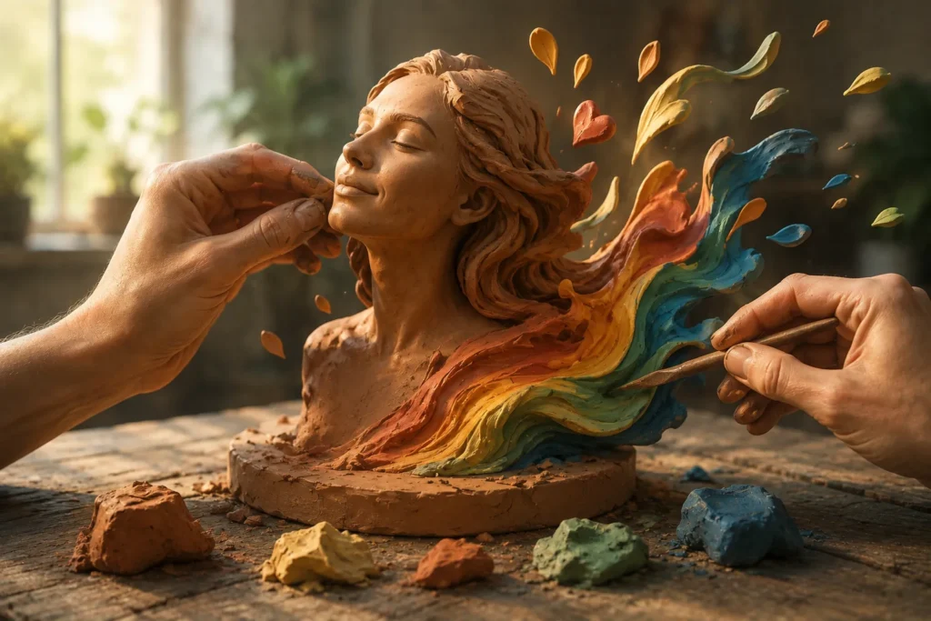 Artista moldando uma escultura feminina de argila com as m&atilde;os e uma ferramenta, criando formas coloridas e suaves
