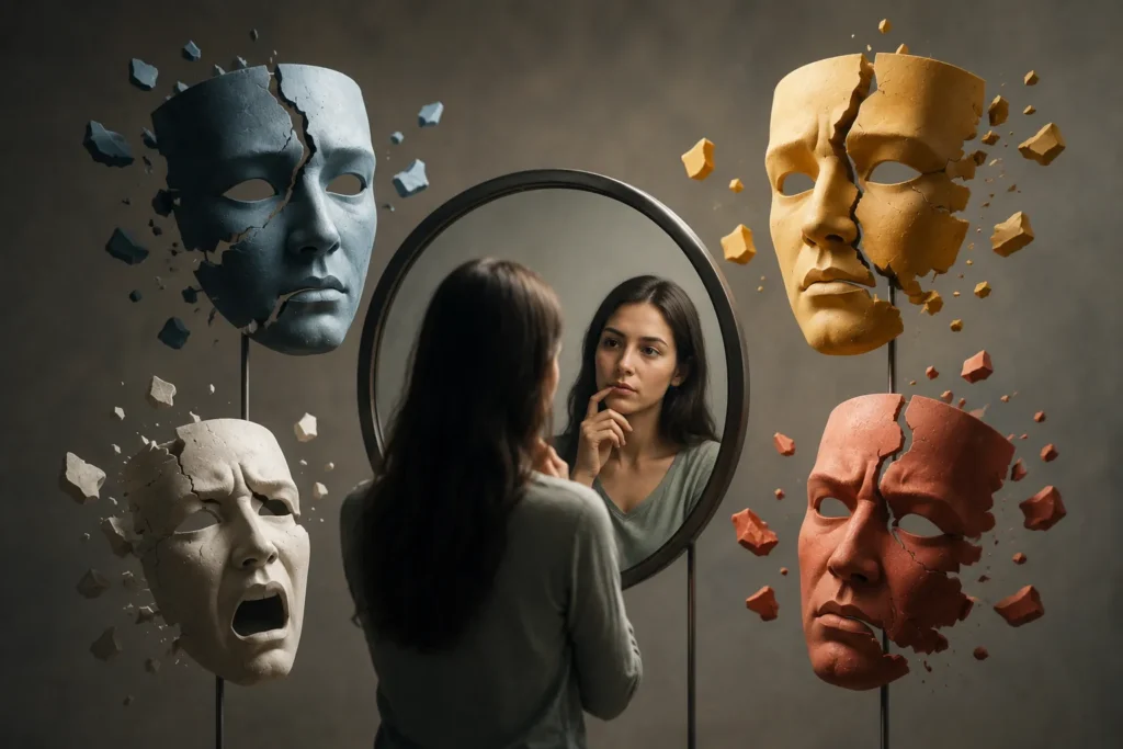 Mulher observando seu reflexo em um espelho cercado por m&aacute;scaras teatrais quebradas de diferentes cores