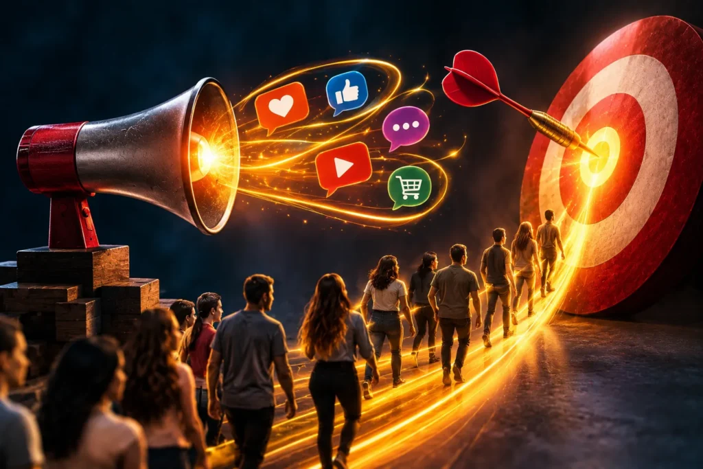 Megafone emitindo s&iacute;mbolos de intera&ccedil;&atilde;o e atraindo pessoas por um caminho luminoso at&eacute; um alvo