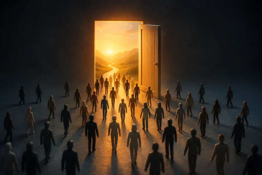 Pessoas desconhecidas caminhando em dire&ccedil;&atilde;o a uma porta iluminada que revela uma paisagem ensolarada