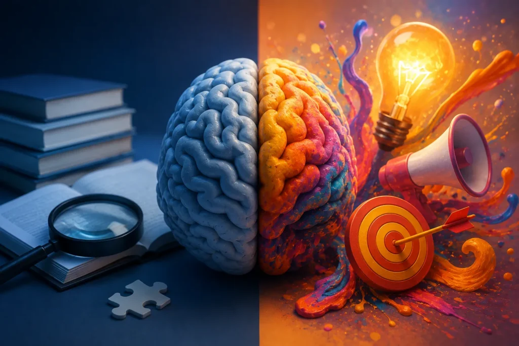 Imagem dividida entre elementos de informa&ccedil;&atilde;o e comunica&ccedil;&atilde;o persuasiva, representando duas formas diferentes de transmitir uma mensagem