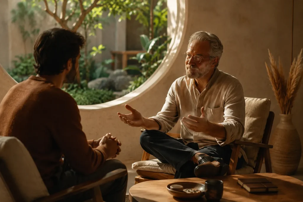 Dois profissionais conversando de forma tranquila e respeitosa em um ambiente acolhedor