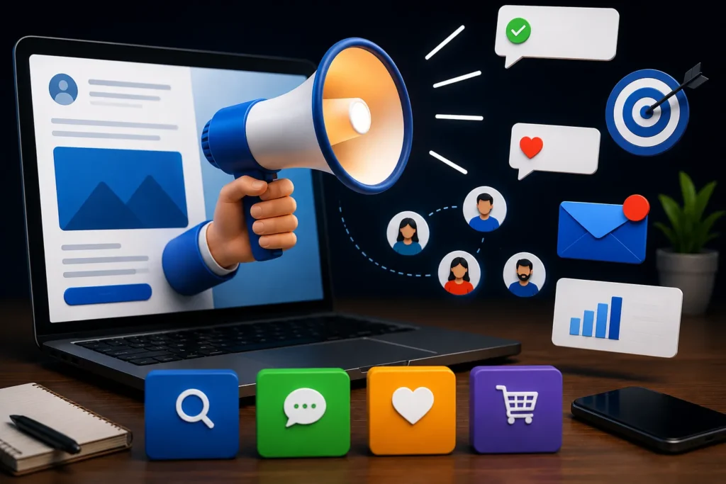 Ilustra&ccedil;&atilde;o de marketing digital com notebook, megafone, redes sociais e elementos de comunica&ccedil;&atilde;o