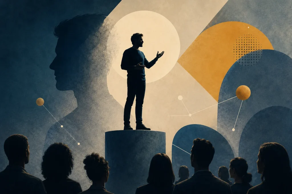 Profissional falando para um p&uacute;blico em uma apresenta&ccedil;&atilde;o sobre comunica&ccedil;&atilde;o e lideran&ccedil;a